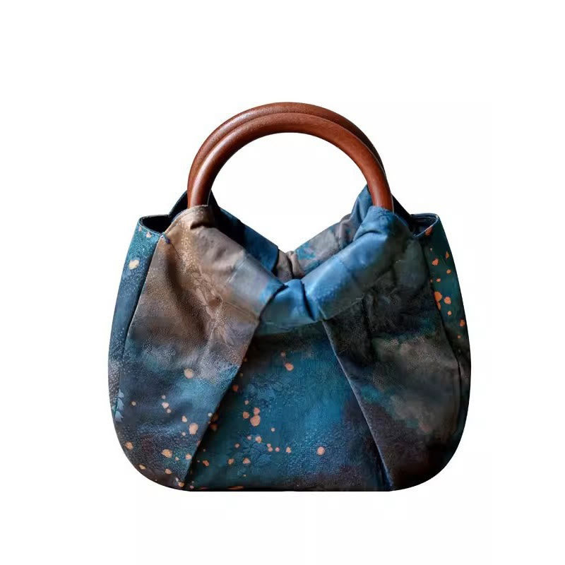 Blue Handmade Jacquard Flower Wooden Handle Bag 23cm