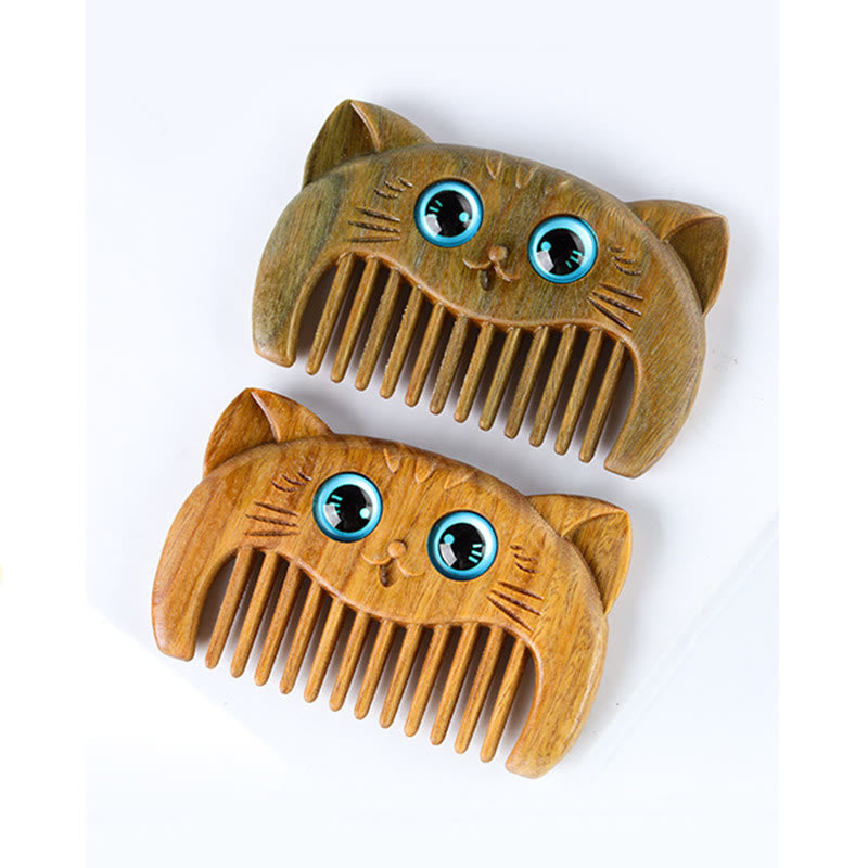 Green Sandalwood Cure Comb with Cat Pattern for Positive Energy