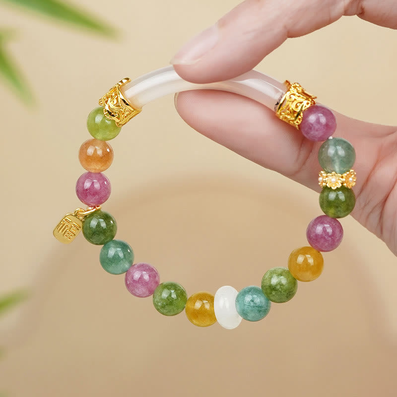 8mm Colorful Tourmaline Chalcedony Fu Charm Bracelet