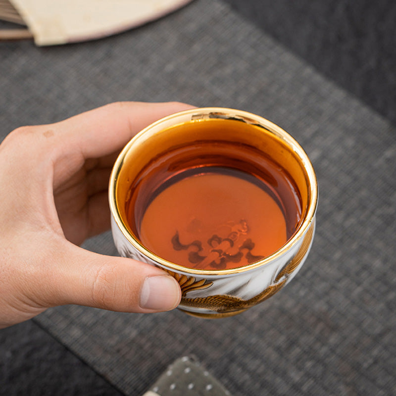 Golden Eagle & Auspicious Dragon Gilt Ceramic Tea Set with Gift Box