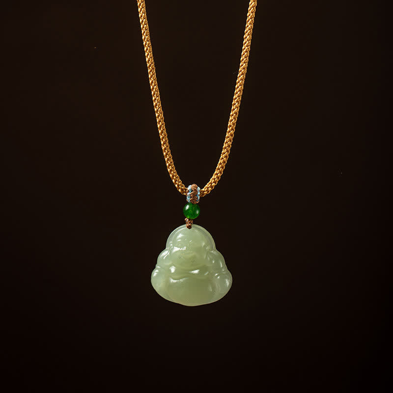 Laughing Buddha Jade Lotus Prosperity String Necklace
