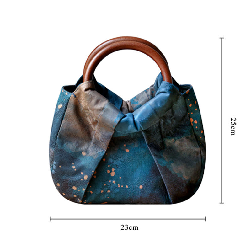 Blue Handmade Jacquard Flower Wooden Handle Bag 23cm