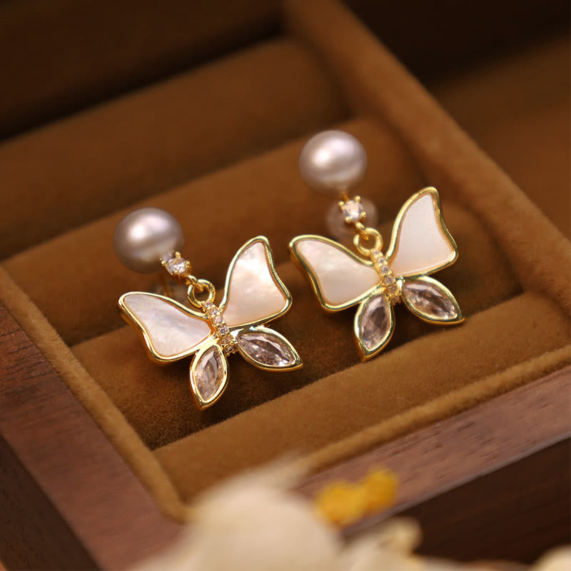 Natural Abalone Shell Pearl Stud Earrings with Butterfly Design