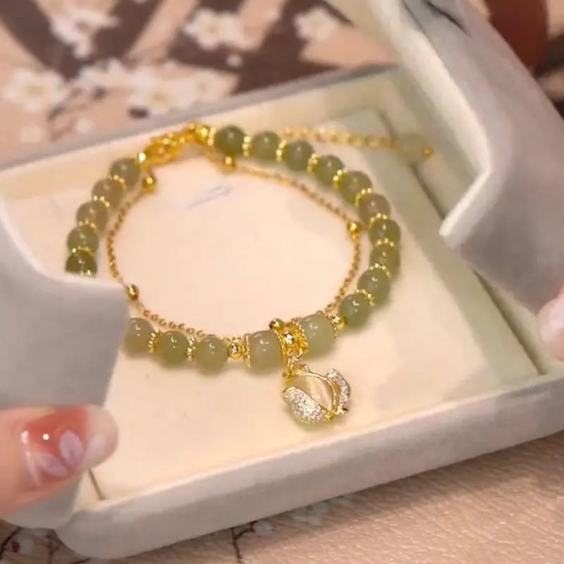 Jade Luck Beaded Bracelet with Leaf, Tulip & Fu Symbol