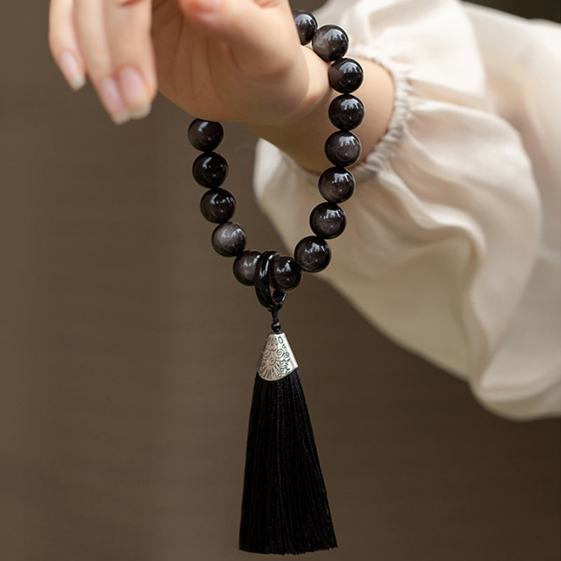 16mm Silver Sheen Obsidian Lion Wrist Mala for Protection & Wisdom