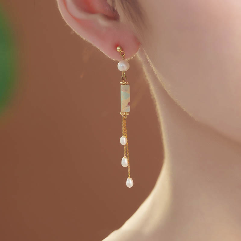 925 Sterling Silver Shoushan Stone Pearl Healing Drop Earrings