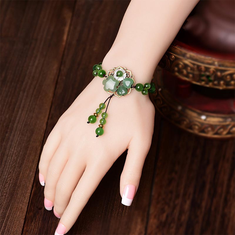 Unisex Green Jade Luck Flower Charm Bracelet 6-10mm Beads