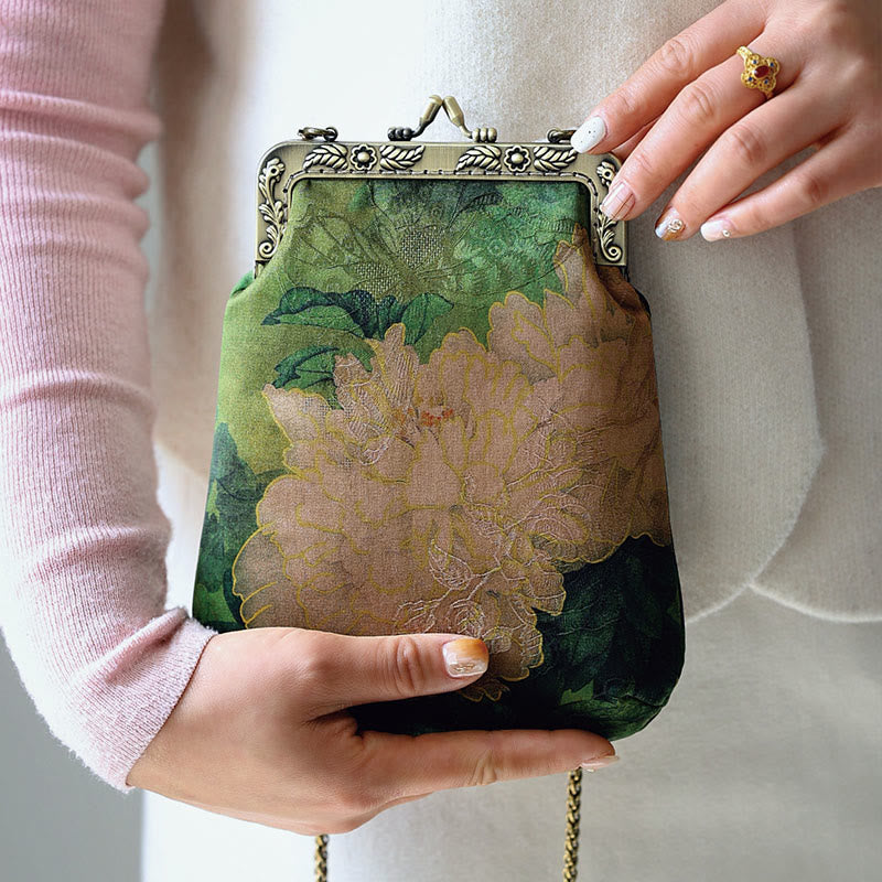 Small Green Peony Butterfly Metal Chain Crossbody Shoulder Bag