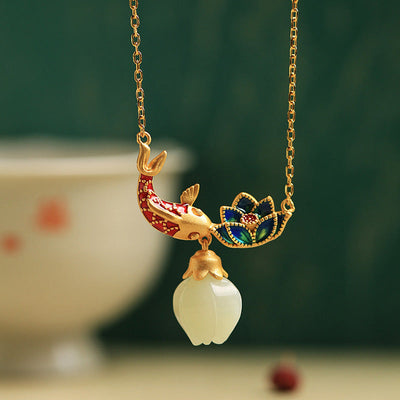 White Jade Koi Fish Lotus Protection Necklace Pendant