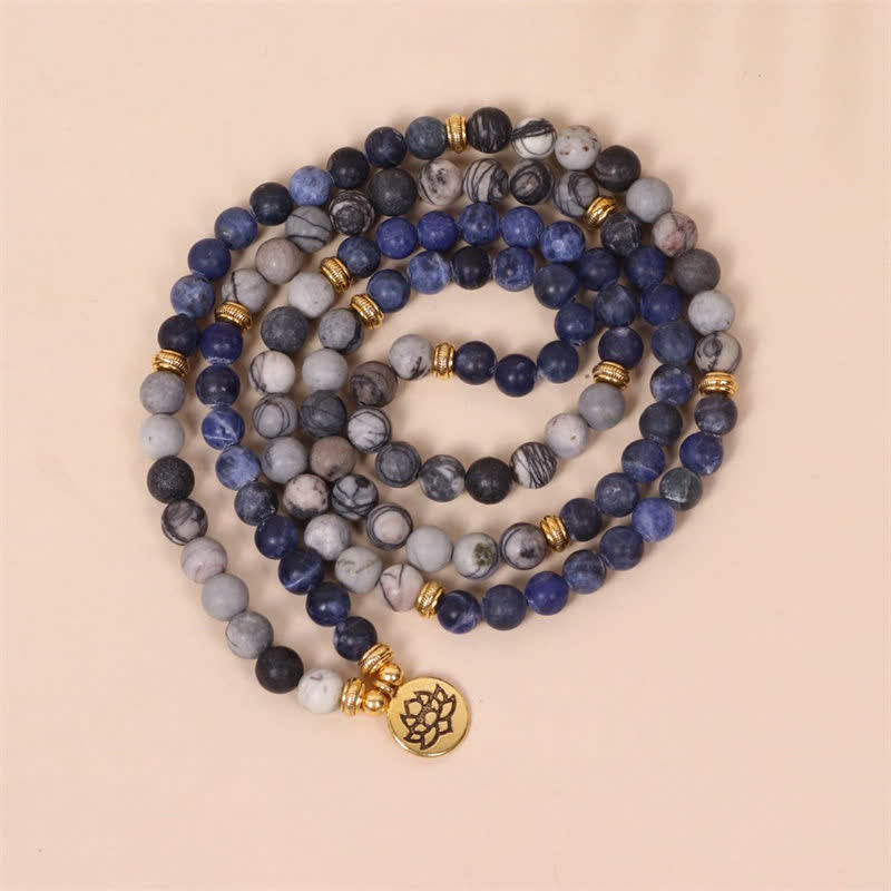 108 Beads Lotus Strength Bracelet with Sodalite & Zebra Jasper