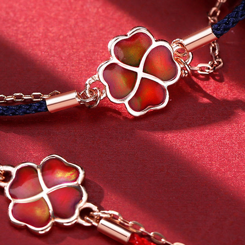 Color-changing Four Leaf Clover Red String Bracelet in 925 Silver for Luck