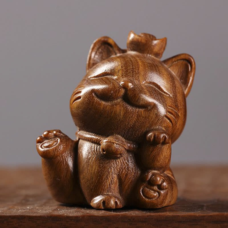5cm Green Sandalwood Lucky Cat Statue for Peace & Prosperity