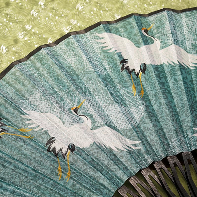 22.5cm Chinese Folding Fan | Blue Crane Silk Bamboo Fan