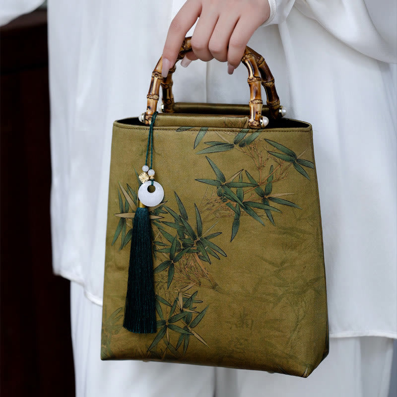 Bamboo Leaves Butterfly Koi Fish Handbag with Jade Handles