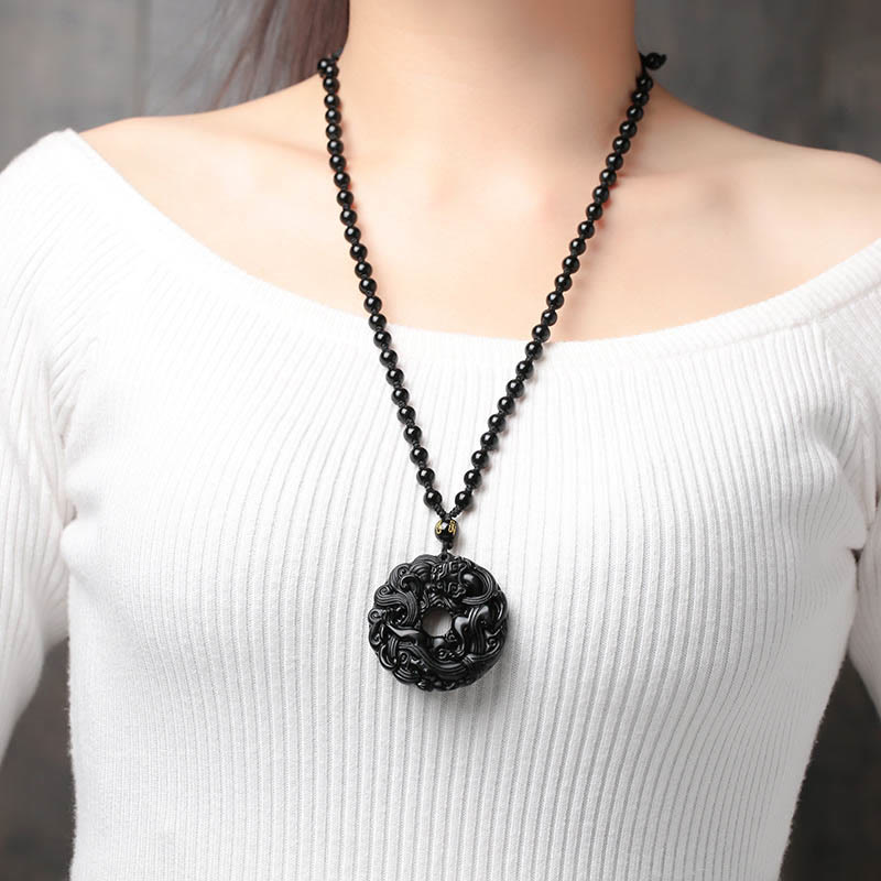 Black Obsidian Peace Buckle Pixiu Protection Necklace