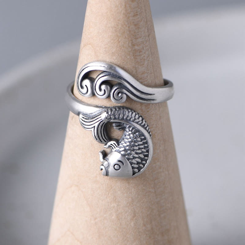 Adjustable 925 Sterling Silver Koi Fish Luck Prosperity Ring
