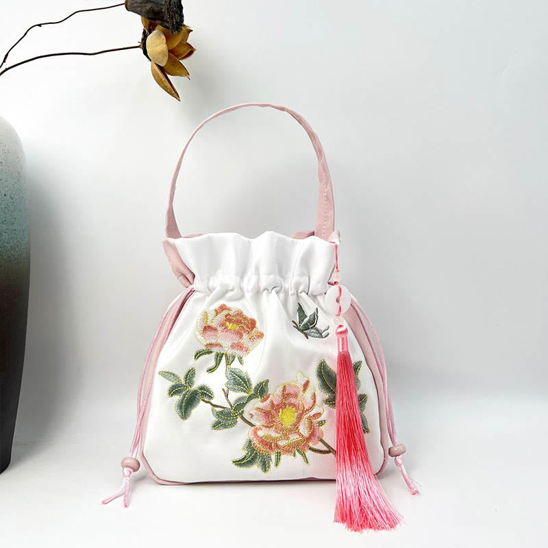 Cotton Linen Embroidered Osmanthus Peony Tote Bag 20cm