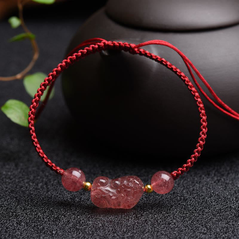 Natural Strawberry Quartz PiXiu Red String Bracelet for Luck