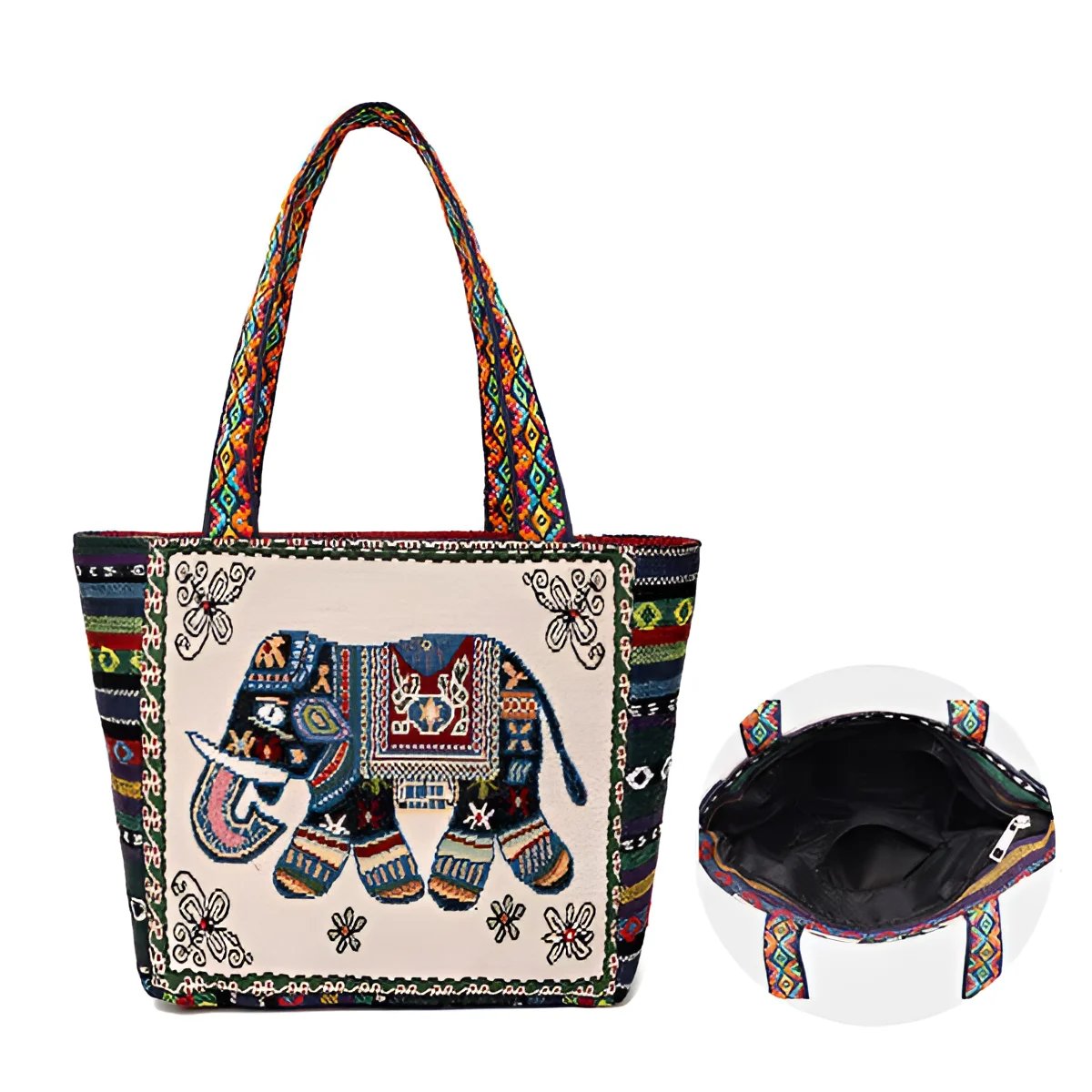 Large Canvas Tote Bag with Elephant Butterfly Embroidery - Spiritual Charm