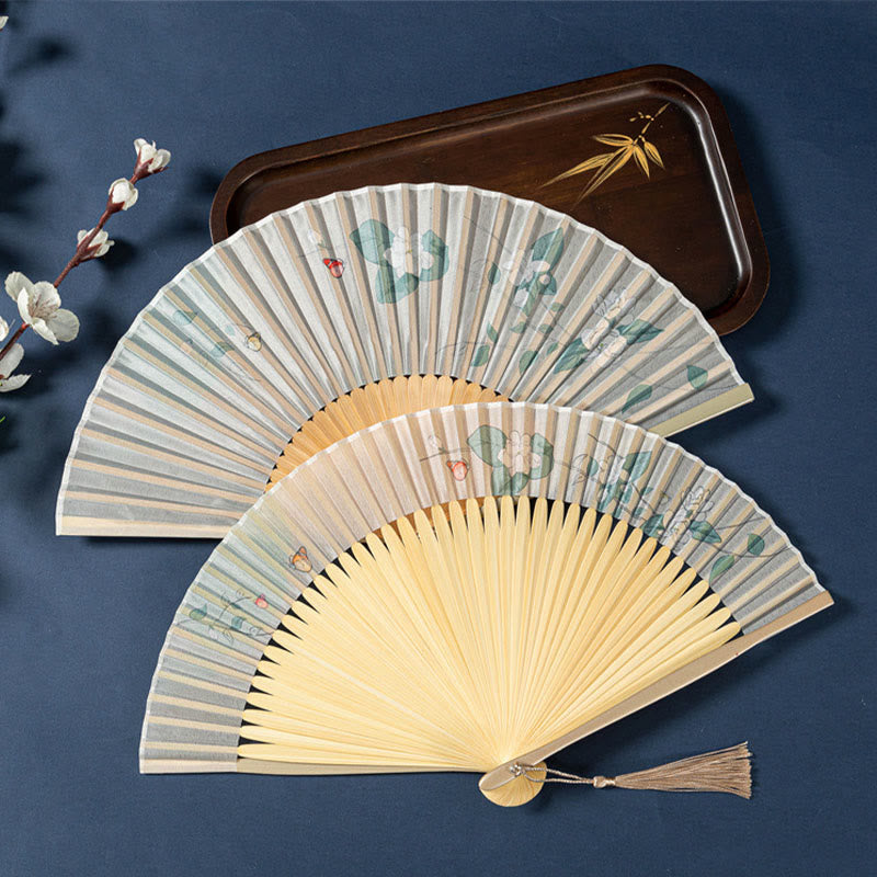21cm Chinese Folding Fan with Lotus Begonia Jasmine Motifs in Bamboo Frame