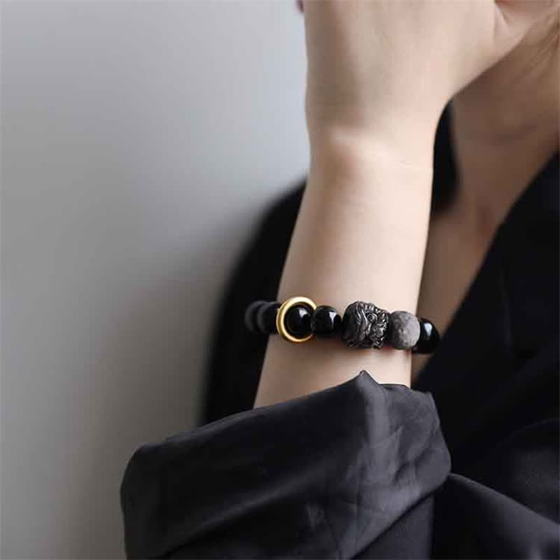 12mm Black Obsidian Lion Strength Empowerment Bracelet