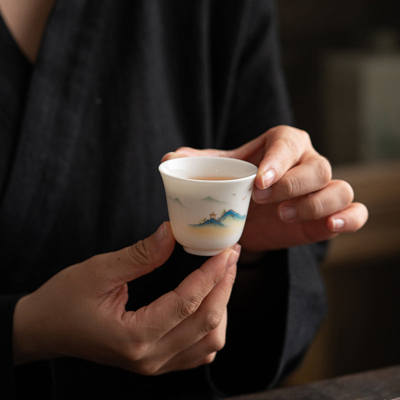 Zen Ceramic Teacup with Lotus Flower and Mountain Design 100ml