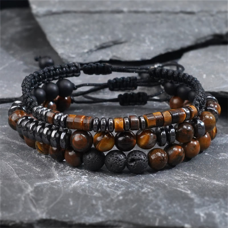 3Pcs Tiger Eye and Lava Rock Bracelet Set for Protection