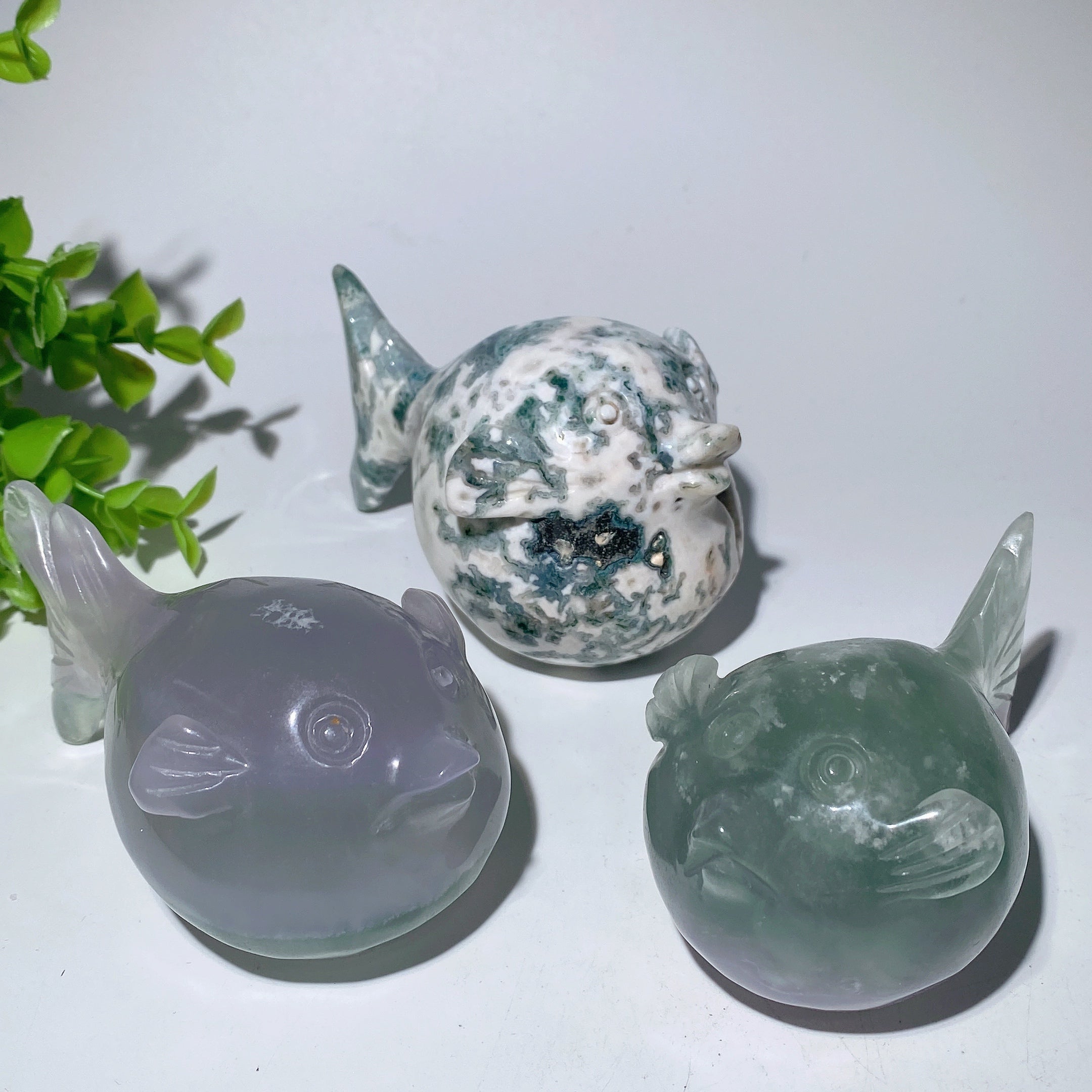 4.0 in Crystal Animal Carvings - Fluorite & Moss Agate Fish