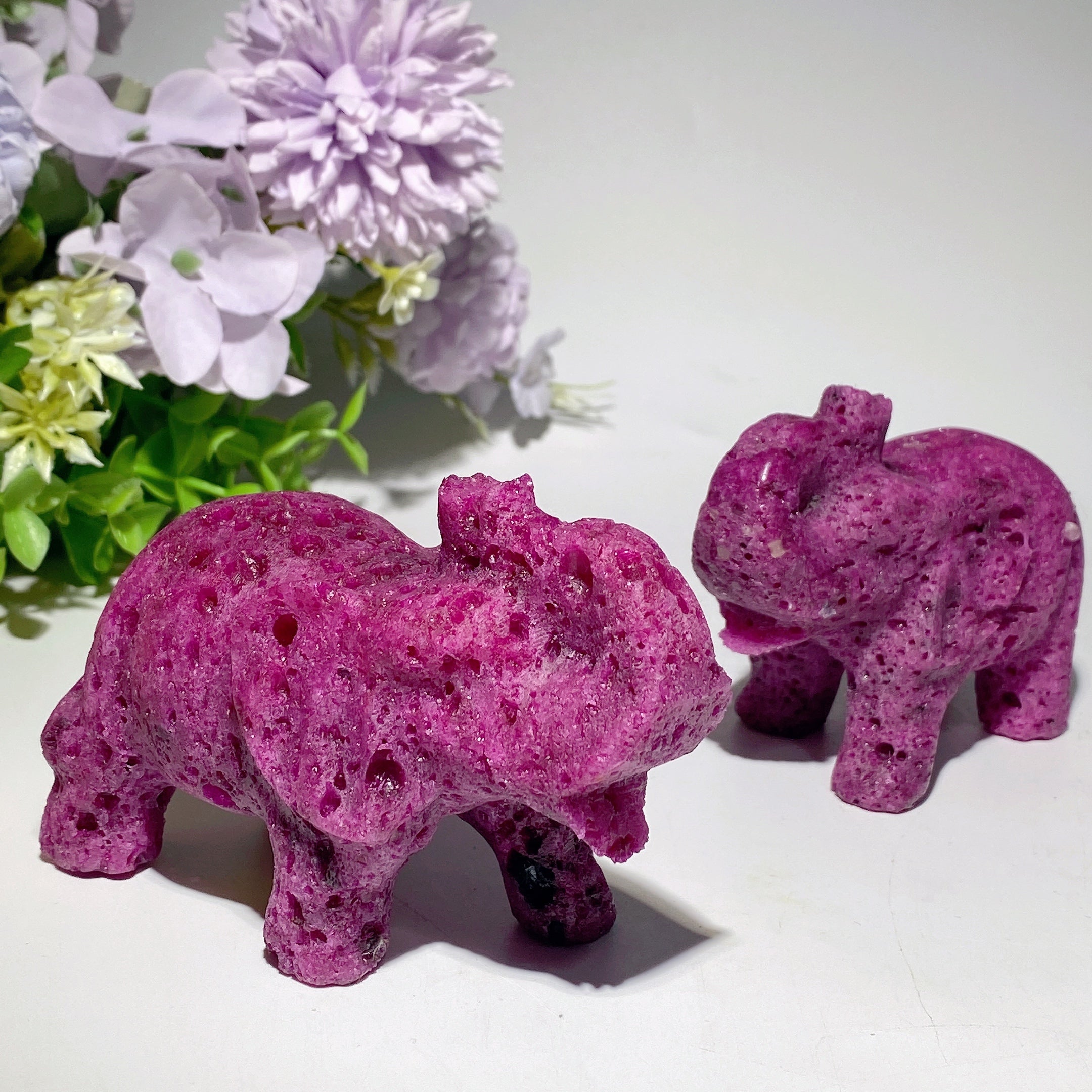 4.0-inch UV Reactive Ruby Calcite Elephant Crystal Carving