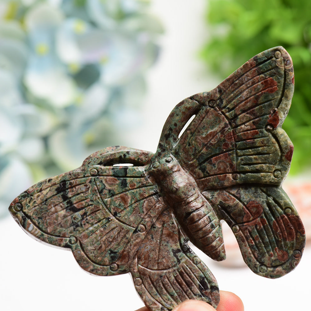 4.4-inch Red Line & Rainforest Jasper Butterfly Carving