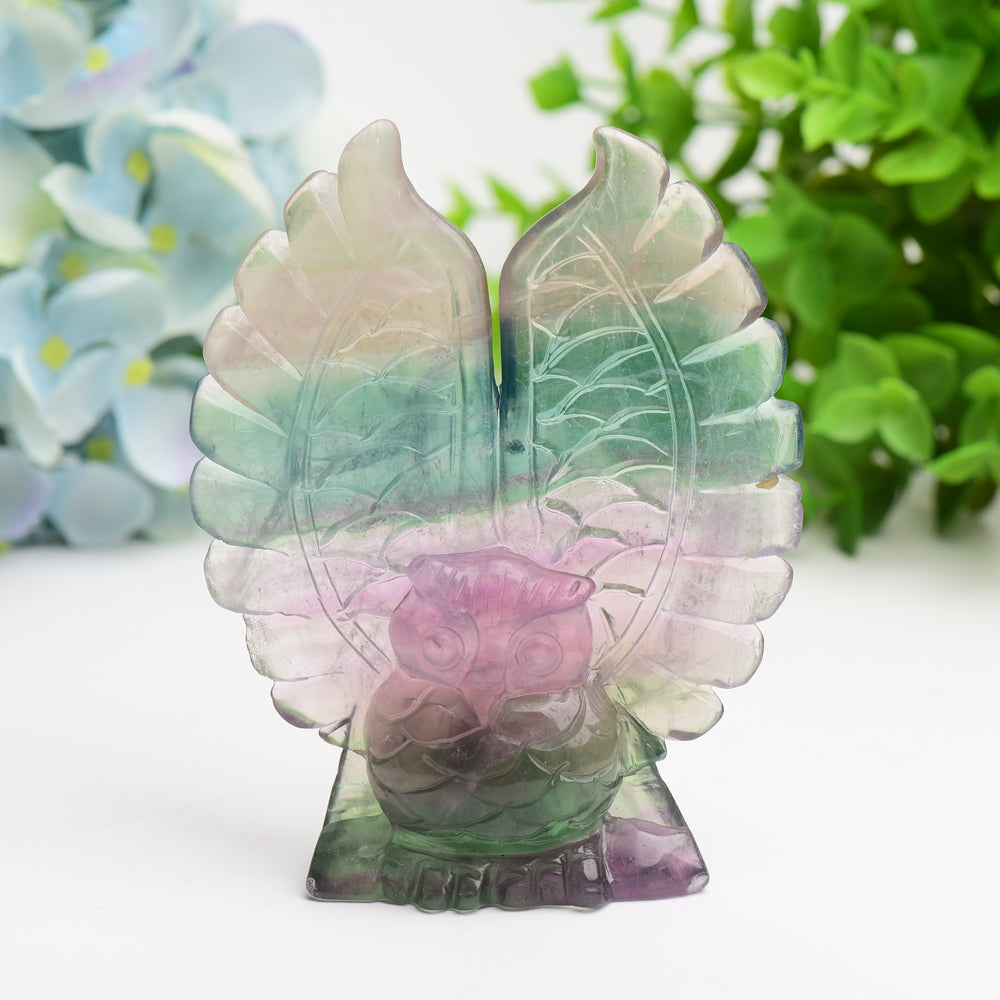 4.4" Rainbow Fluorite Hand-Carved Crystal Owl Figurine