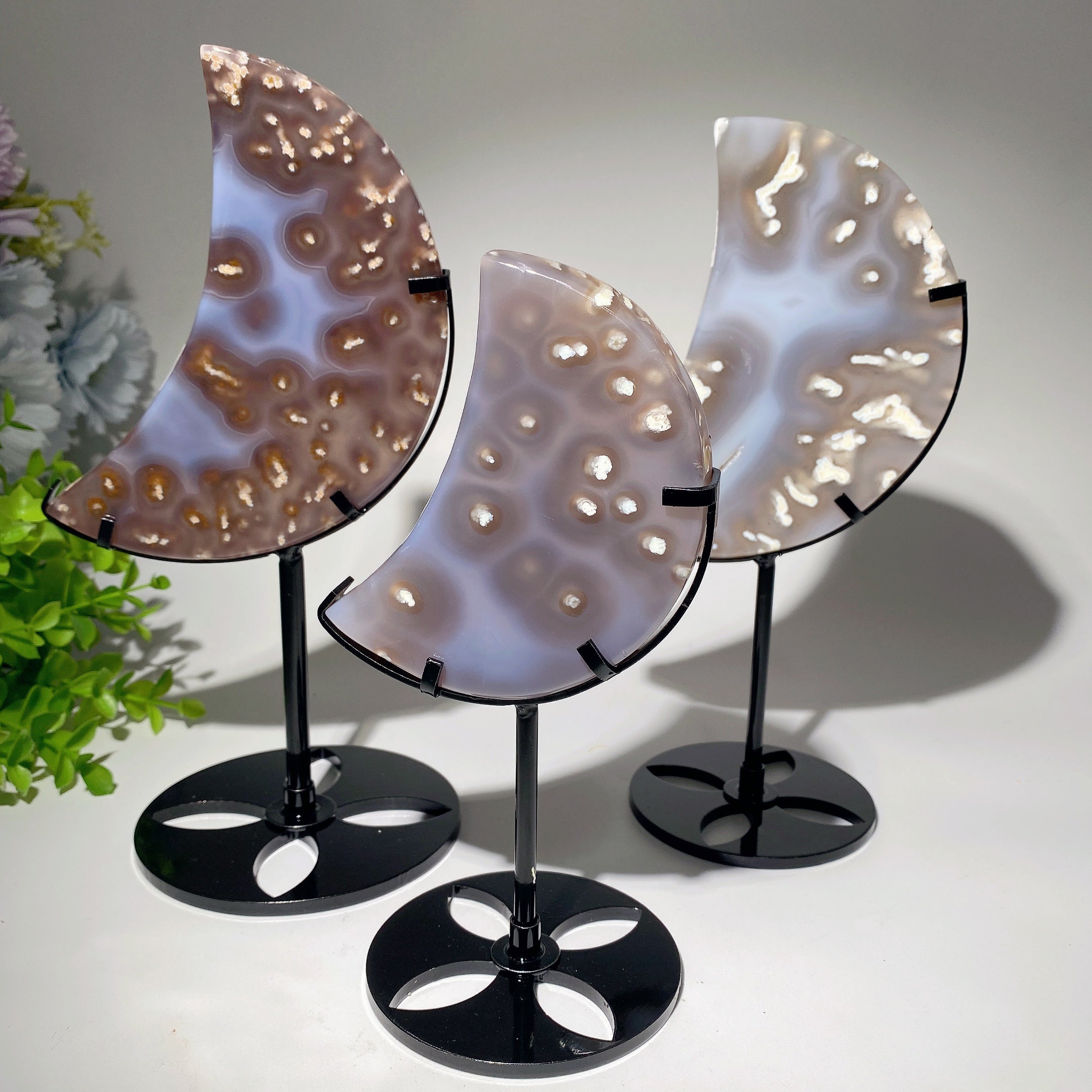 4-5.5 Inch Tree Agate Moon Crystal Carving with Stand