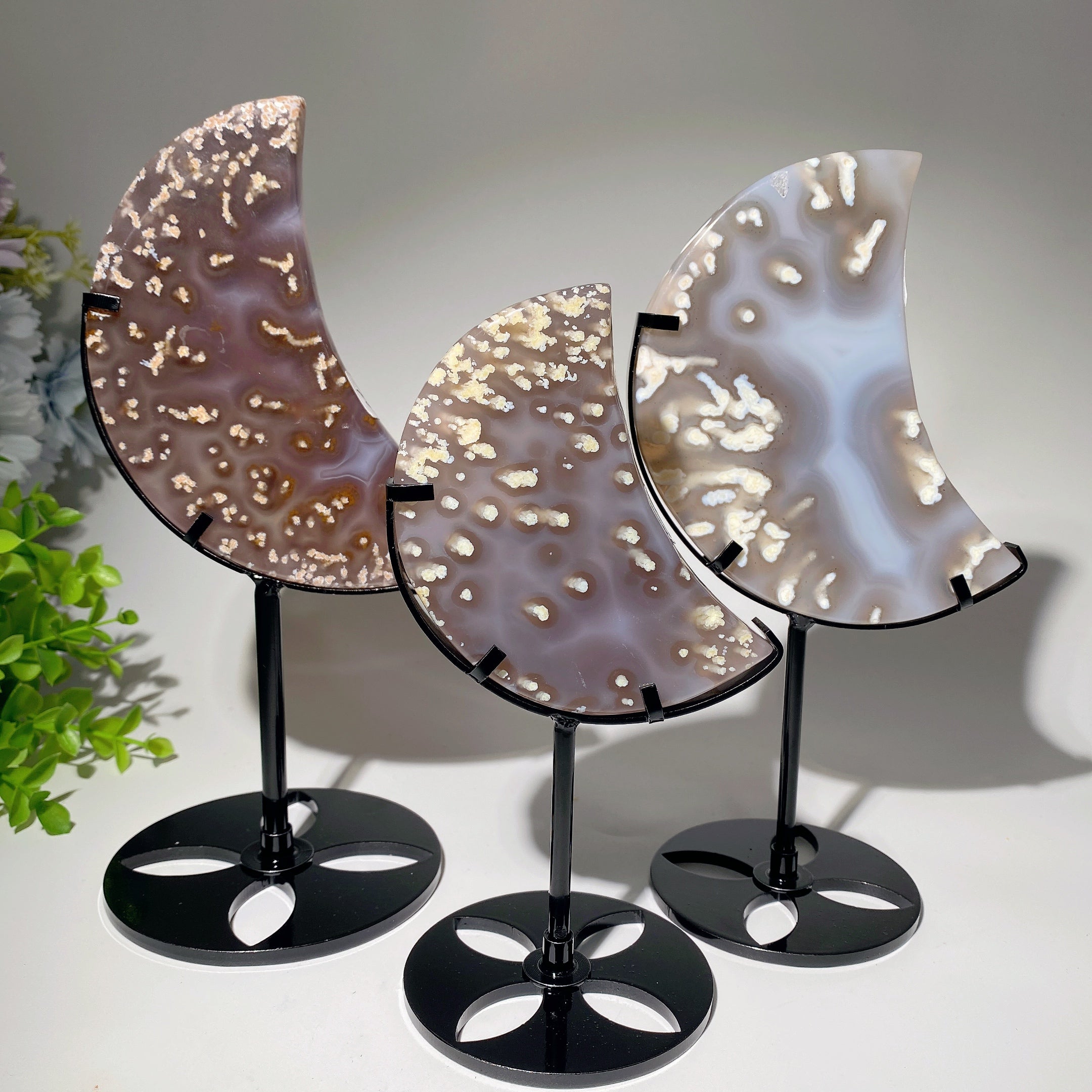 4-5.5 Inch Tree Agate Moon Crystal Carving with Stand