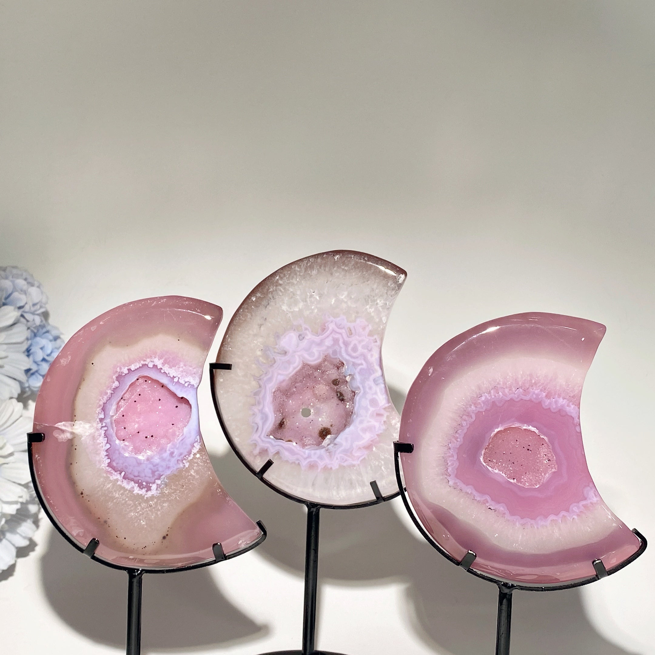 4.5" Druzy Pink Agate Moon Crystal with Stand for Healing