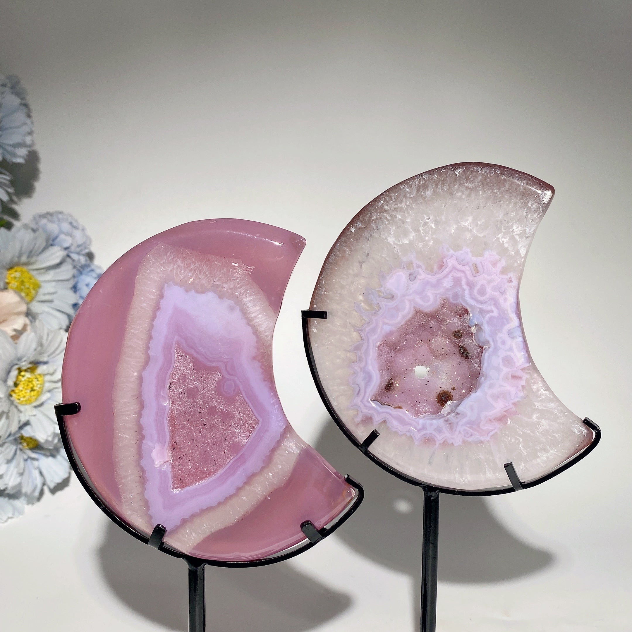 4.5" Druzy Pink Agate Moon Crystal with Stand for Healing