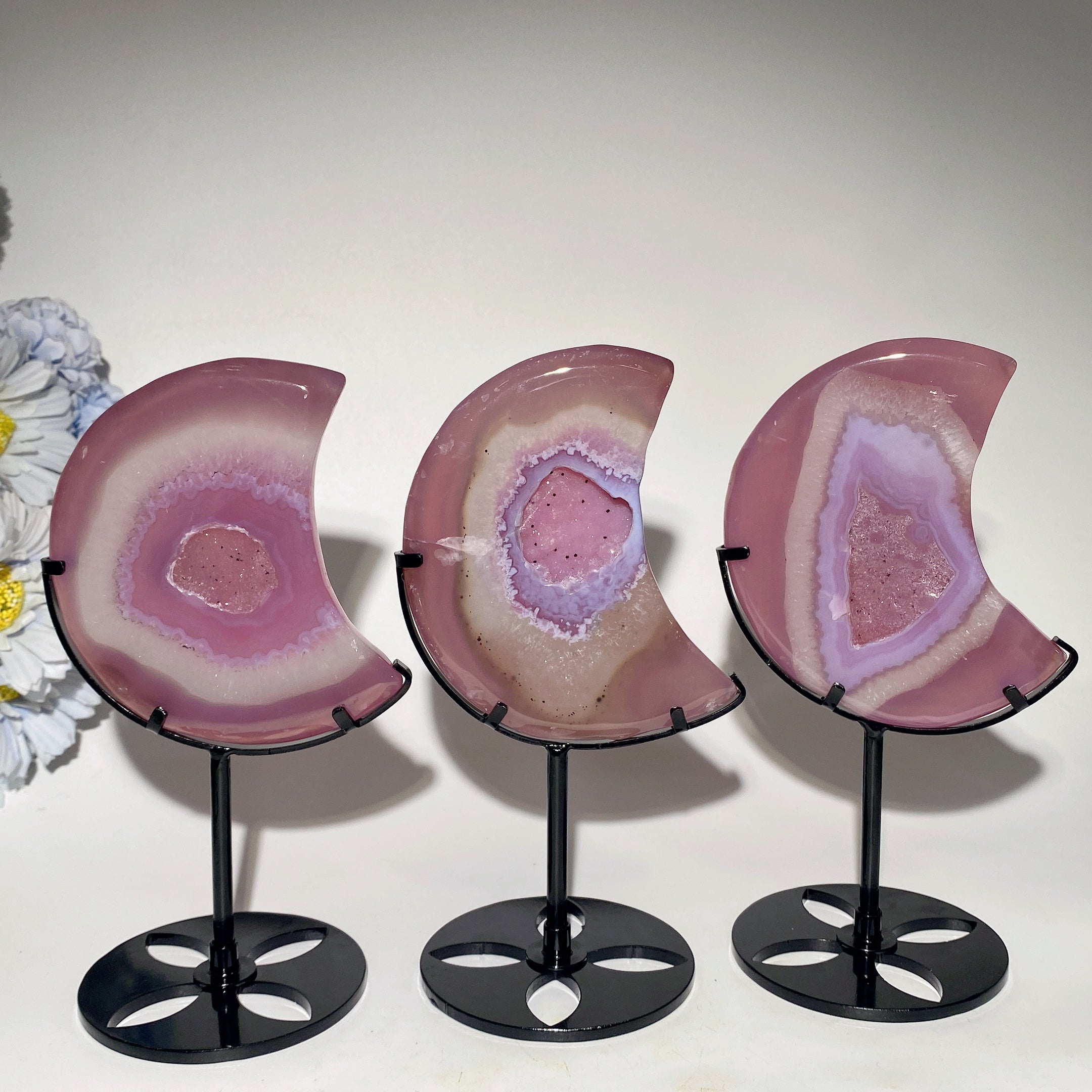 4.5" Druzy Pink Agate Moon Crystal with Stand for Healing