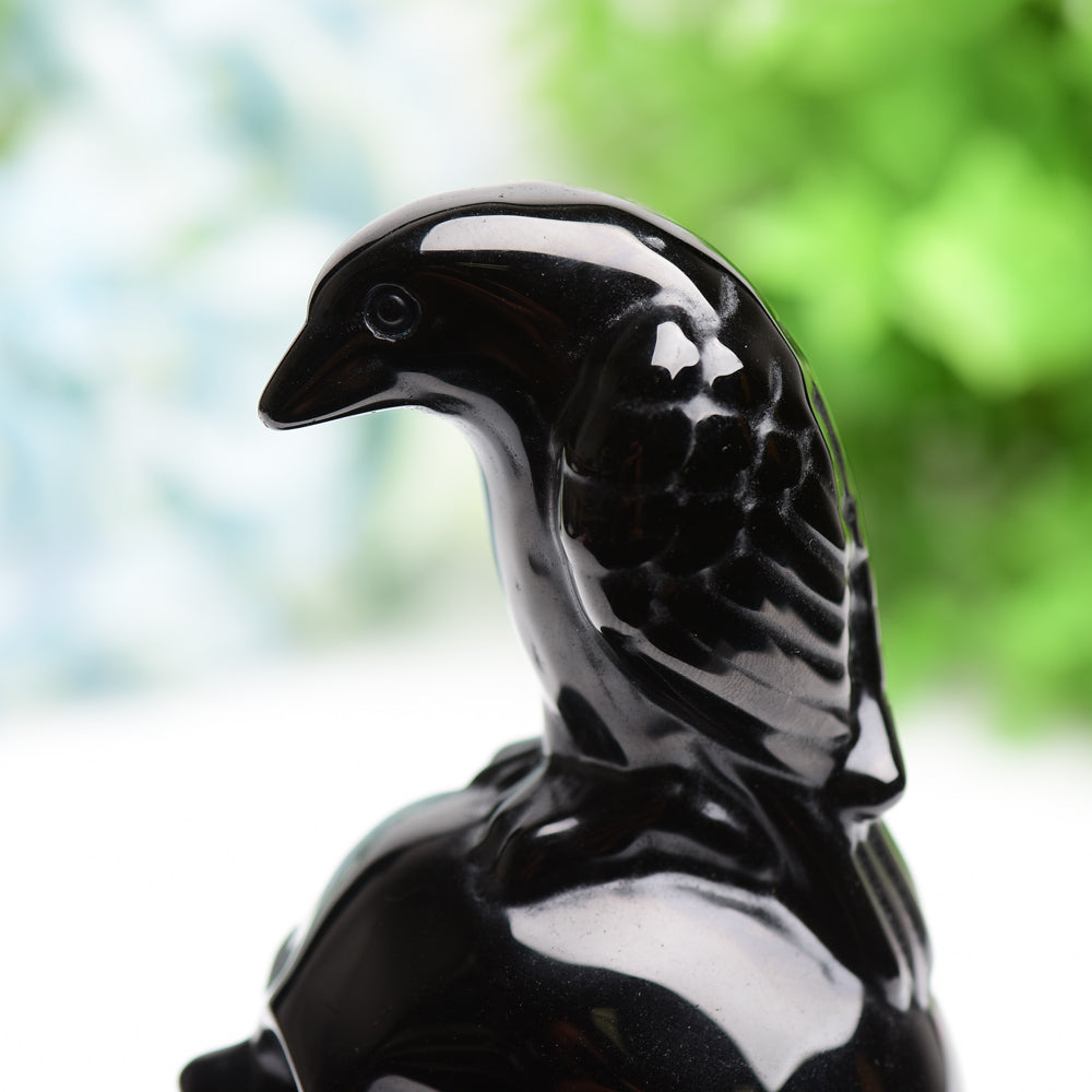 4.5-inch Black Obsidian Skull Figurine with Raven Carving