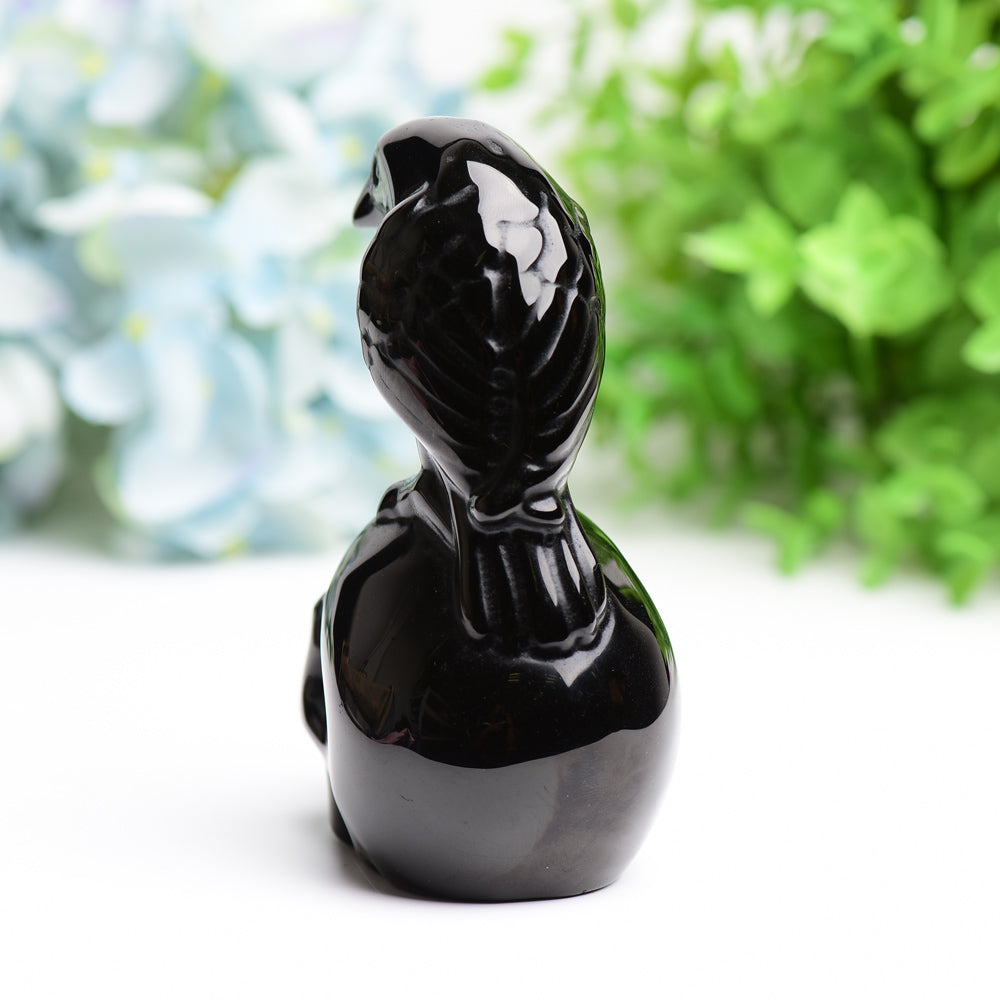 4.5-inch Black Obsidian Skull Figurine with Raven Carving