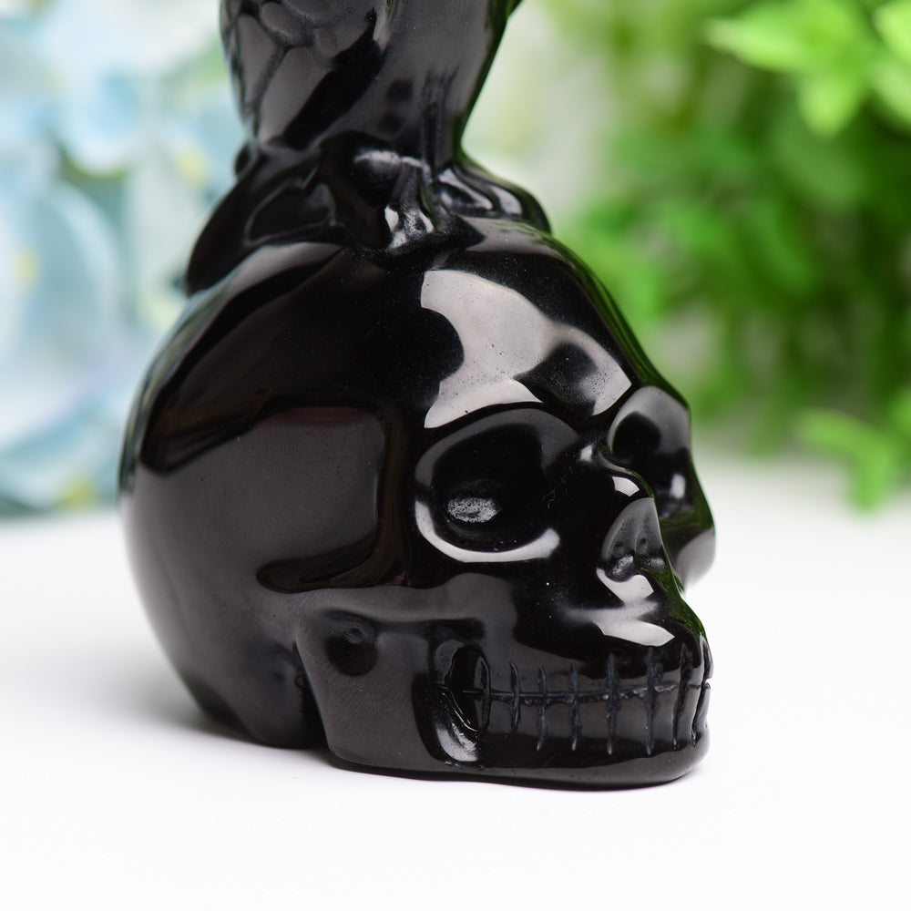 4.5-inch Black Obsidian Skull Figurine with Raven Carving