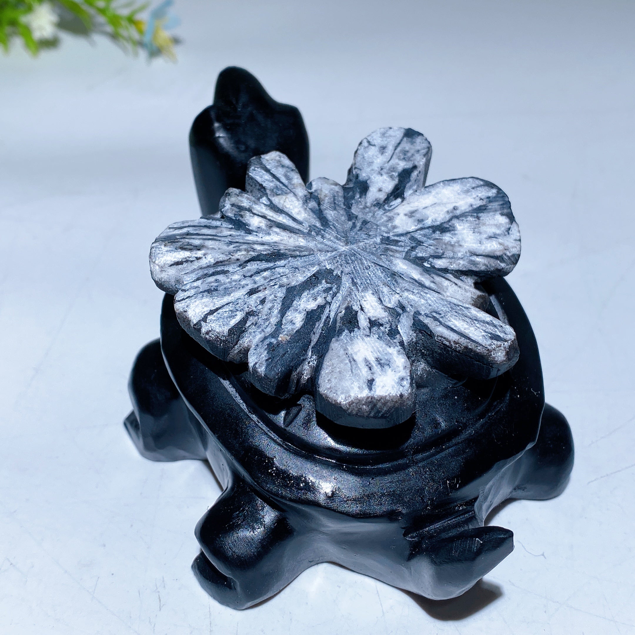 4.6-inch Black Obsidian Crystal Turtle with Chrysanthemum Carving