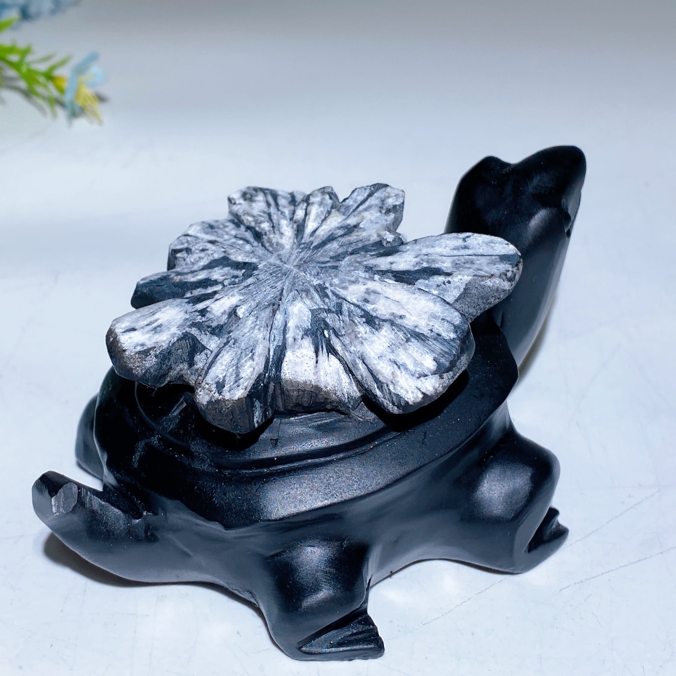 4.6-inch Black Obsidian Crystal Turtle with Chrysanthemum Carving