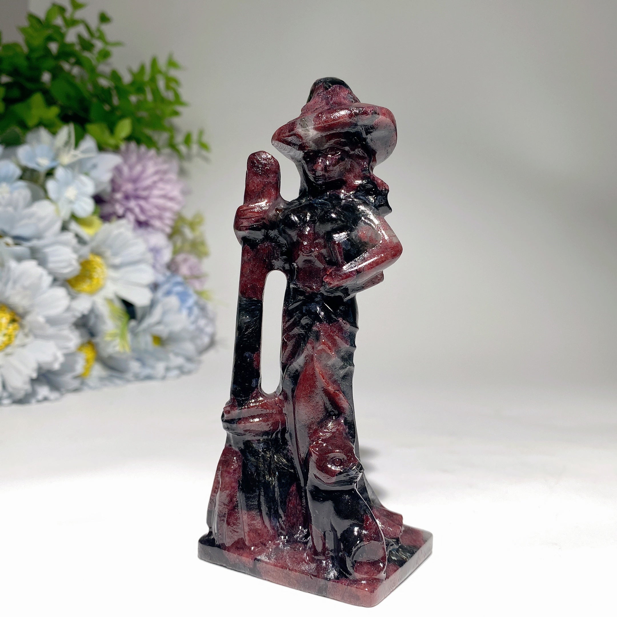 4.8 inch Mixed Crystal Witch with Cat and Broom Figurine