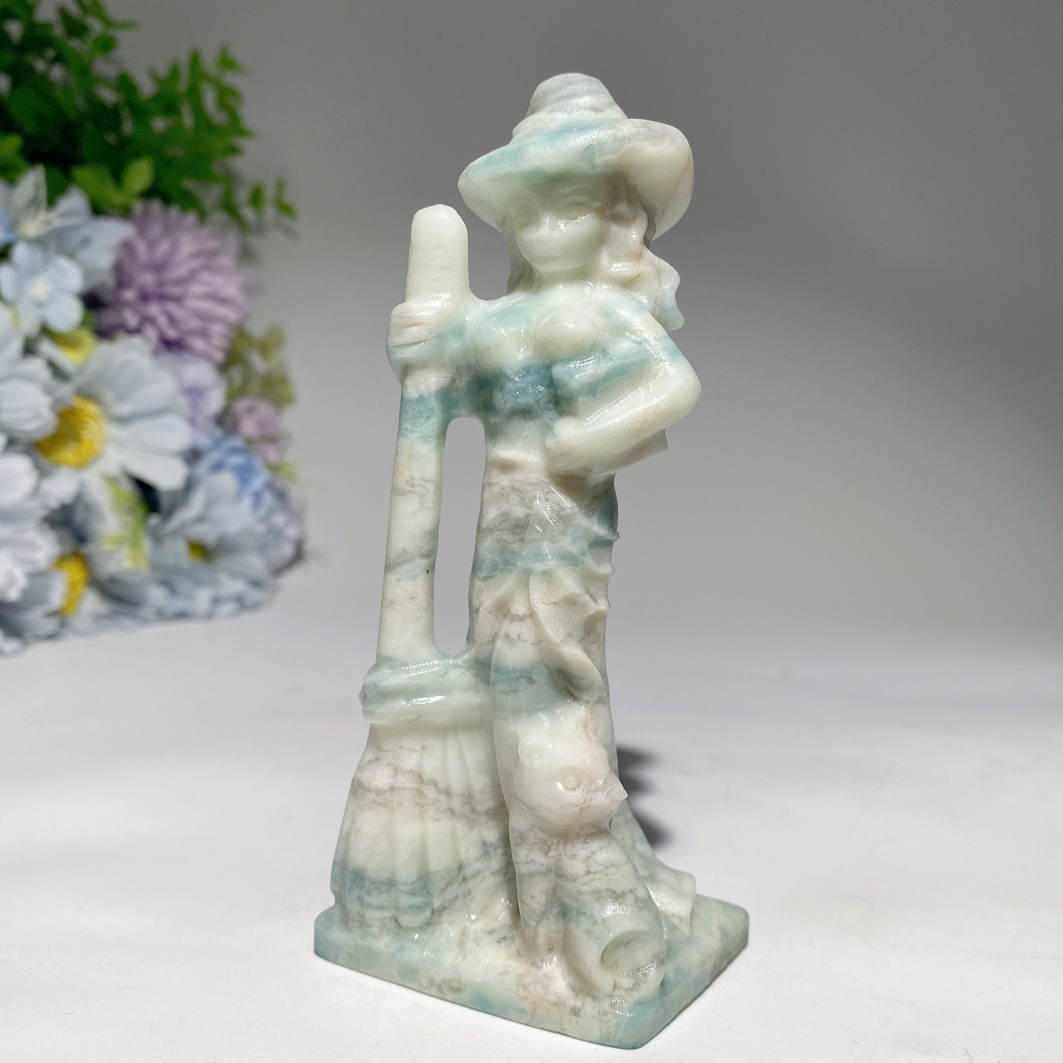 4.8 inch Mixed Crystal Witch with Cat and Broom Figurine