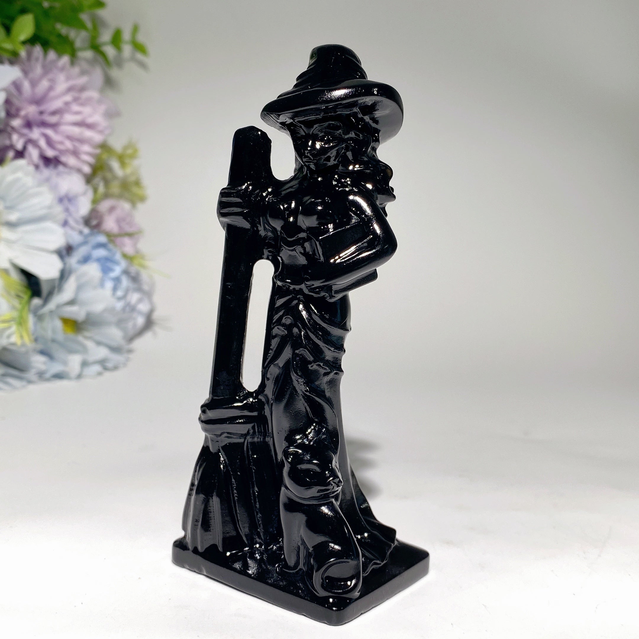 4.8 inch Mixed Crystal Witch with Cat and Broom Figurine