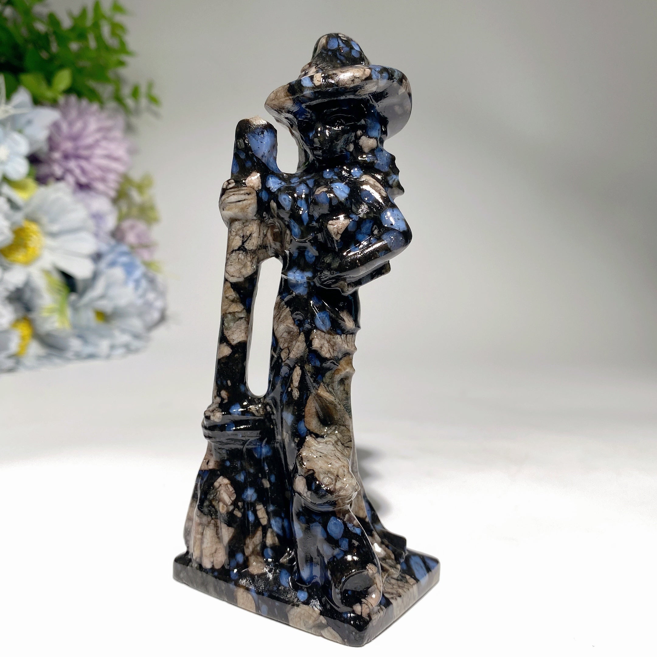 4.8 inch Mixed Crystal Witch with Cat and Broom Figurine