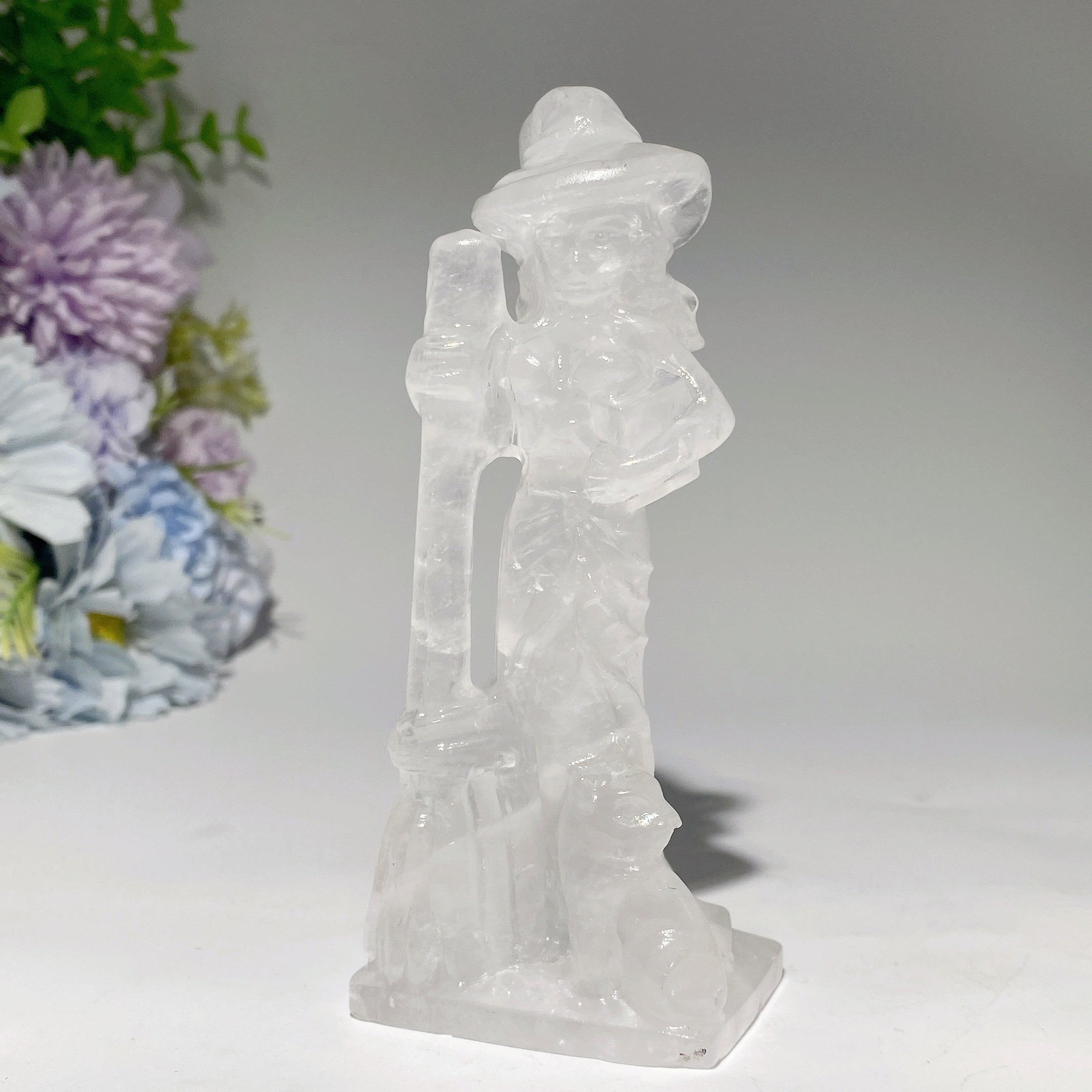 4.8 inch Mixed Crystal Witch with Cat and Broom Figurine