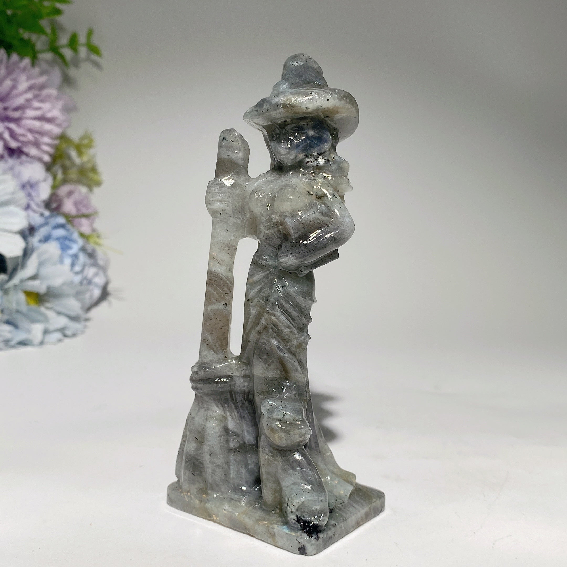4.8 inch Mixed Crystal Witch with Cat and Broom Figurine