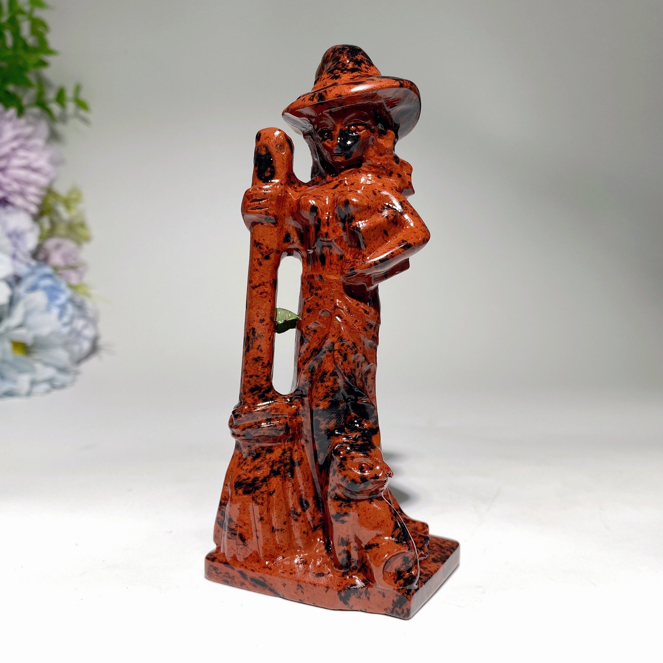 4.8 inch Mixed Crystal Witch with Cat and Broom Figurine