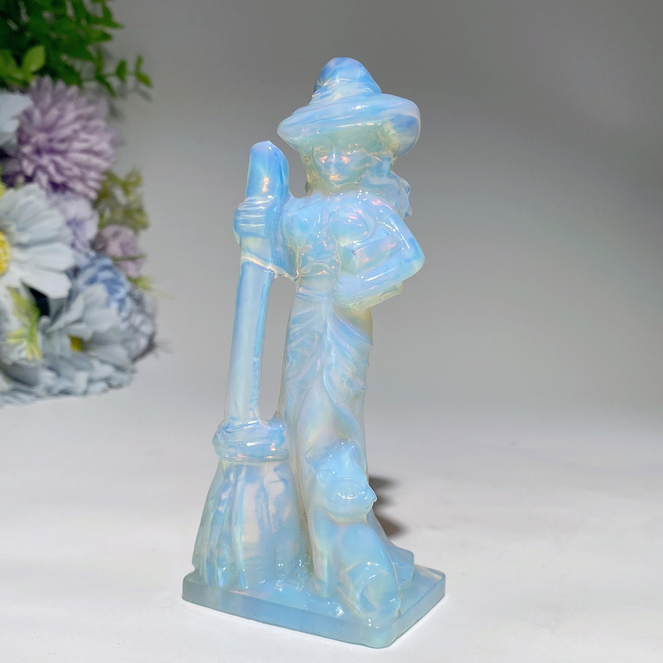 4.8 inch Mixed Crystal Witch with Cat and Broom Figurine
