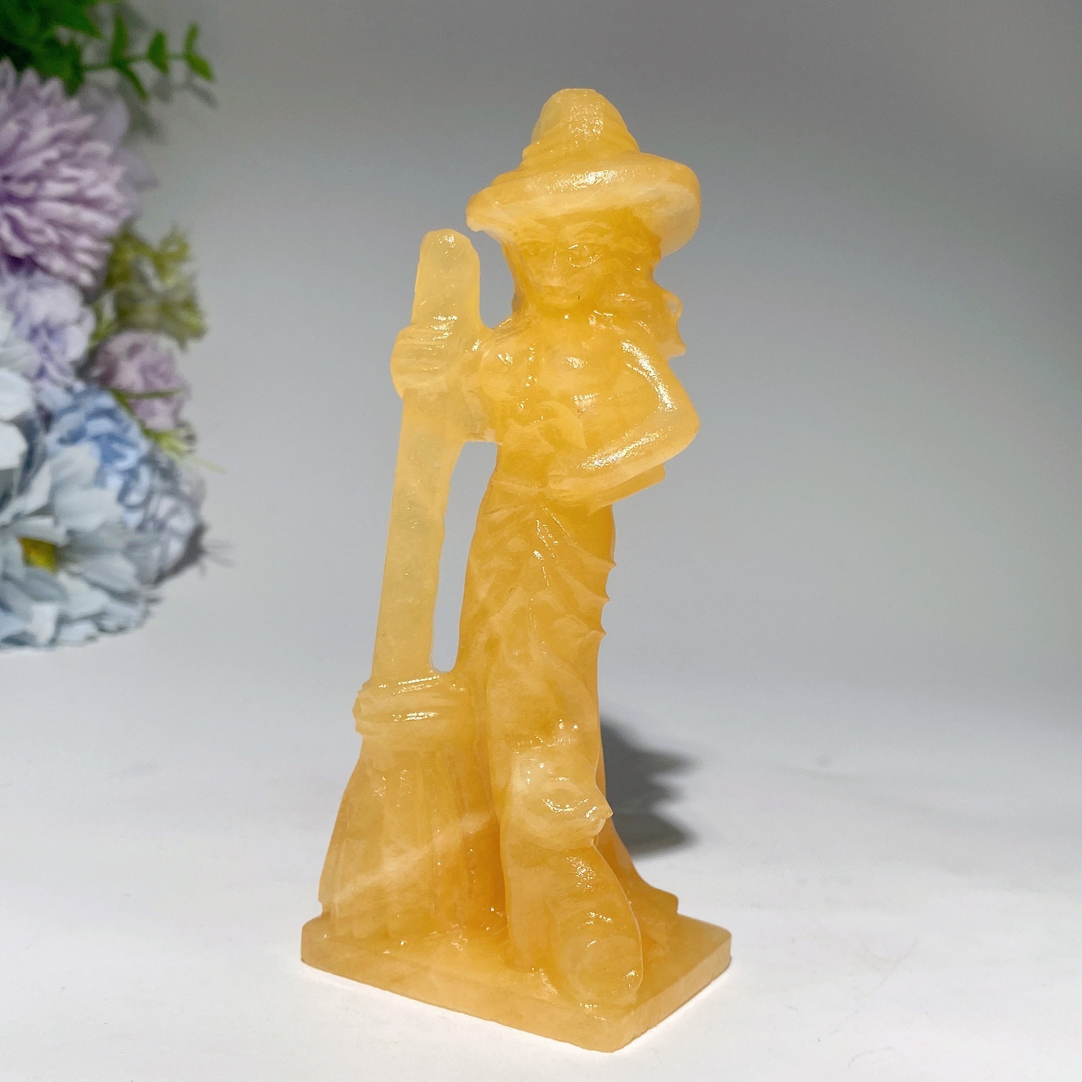 4.8 inch Mixed Crystal Witch with Cat and Broom Figurine